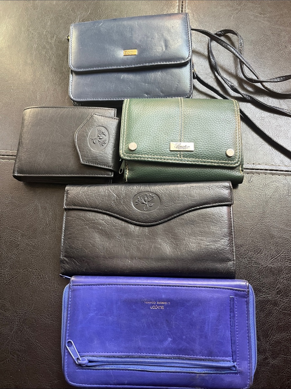 Buxton Leather Crossbody Bag with Green Wallet Set + other Buxtons, 6 total